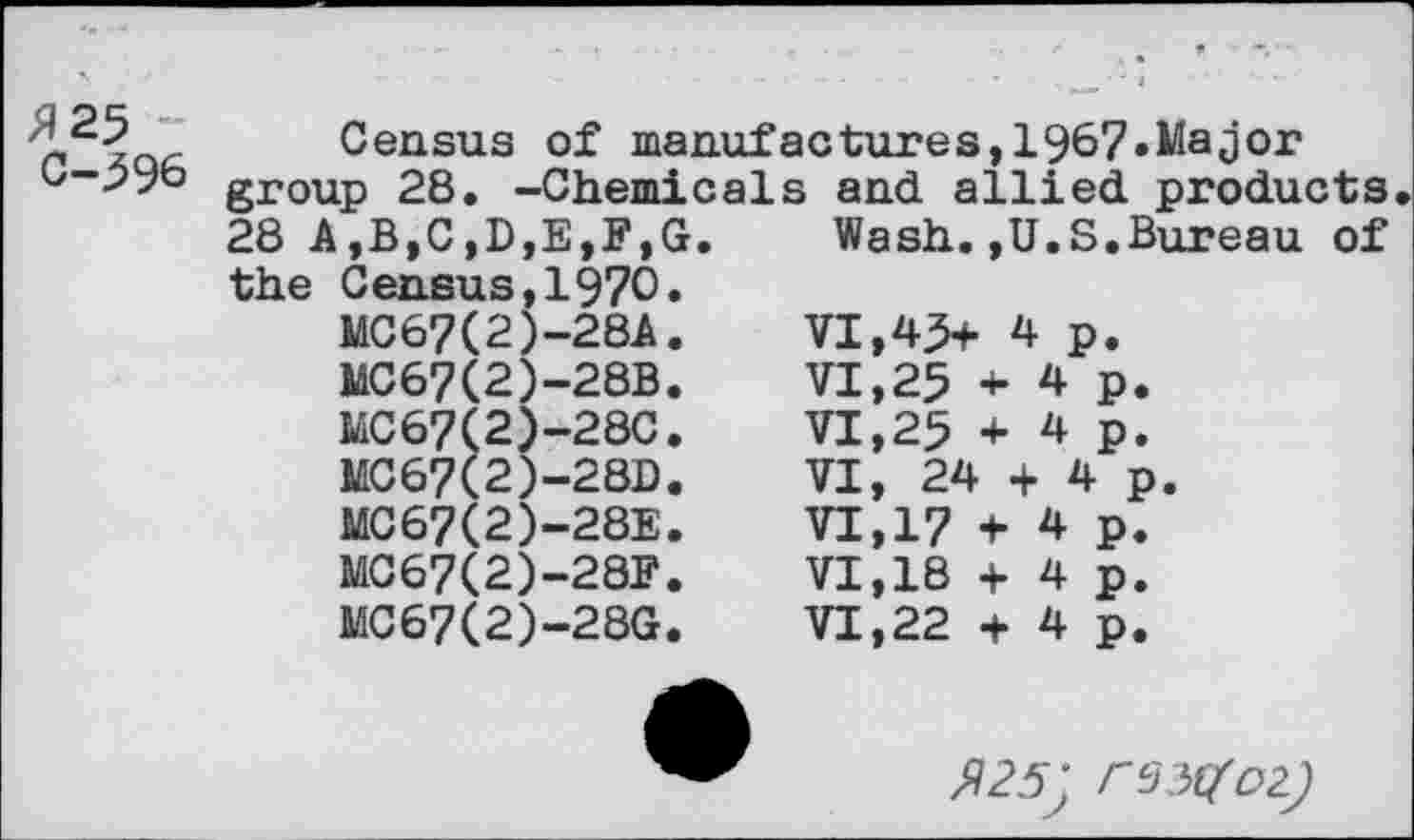 ﻿Я 25 С-596
Census of manufactures,1967»MaJor group 28. -Chemicals and allied products 28 A,B,C,D,E,F,G.	Wash.,U.S.Bureau of
the Census,1970. MC67(2)-28A. MC67(2)-28B. MC67(2)-28C. MC67(2)-28D. MC67(2)-28E. MC67(2)-28F.
MC67(2)-28G
VI,45+ 4 p.
VI,25 + 4 p.
VI,25 + 4 p.
VI, 24 + 4 p.
VI,17 + 4 p.
VI,18 + 4 p.
VI,22 + 4 p.
Я 25) гззуог.)